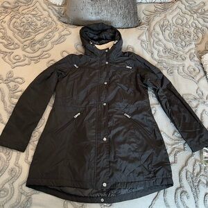 Women’s hooded jacket, nylon, faux shearling bib and collar